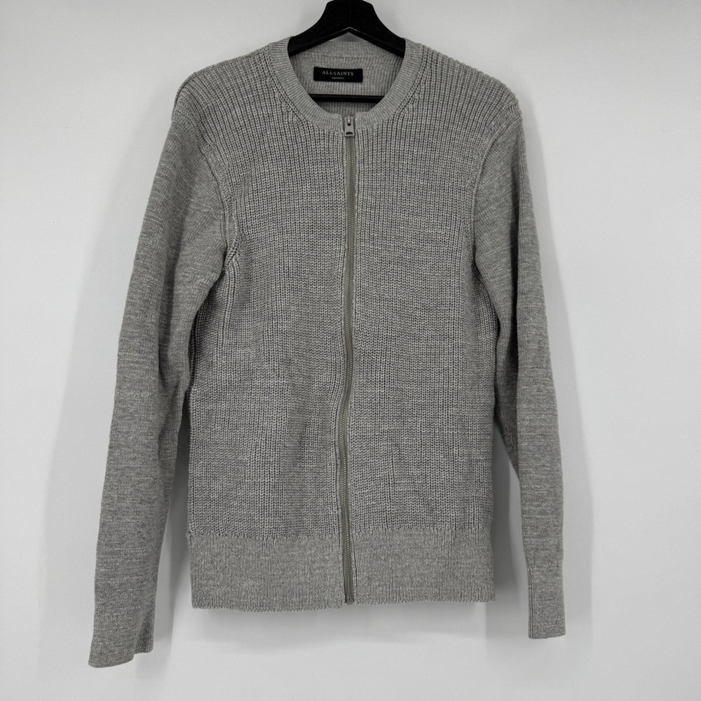 AllSaints Rothay Zip Through Cardigan Sweater Grey Cotton MK102H Mens Size M